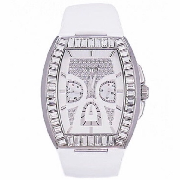 Guess Swarovski White Leather Strap Ladies Watch - Picture 1 of 8